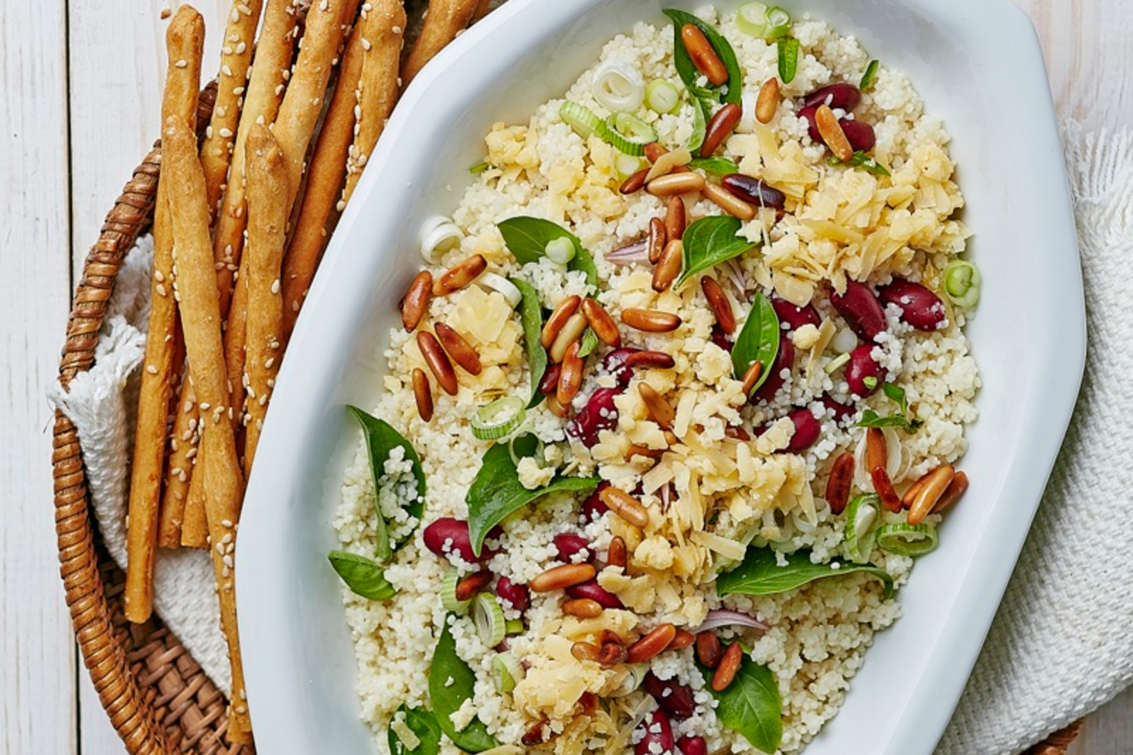 Quinoa with pine nuts, green onions, and edam